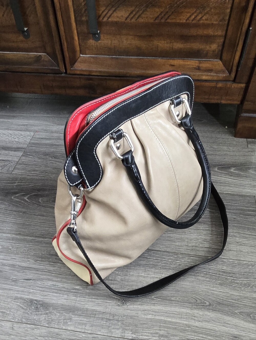 Made in Italy Genuine Leather Satchel Handbag Beige Black Red Shoulder Bag - Picture 3 of 11